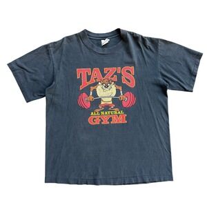 Vintage 1991 Tazs All Natural Gym T-Shirt Acme Clothing Looney Tunes Black Large